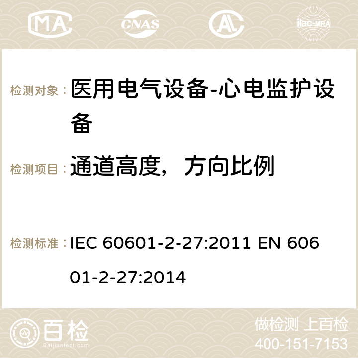 通道高度，方向比例 医用电气设备-心电监护设备 IEC 60601-2-27:2011 
EN 60601-2-27:2014 cl.201.12.1.101.16