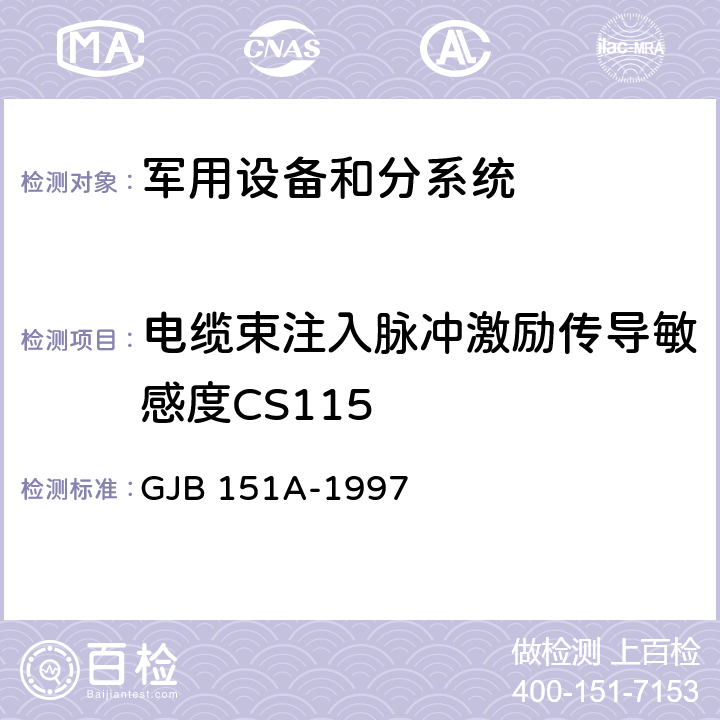 电缆束注入脉冲激励传导敏感度CS115 军用设备和分系统电磁发射和敏感度要求 GJB 151A-1997