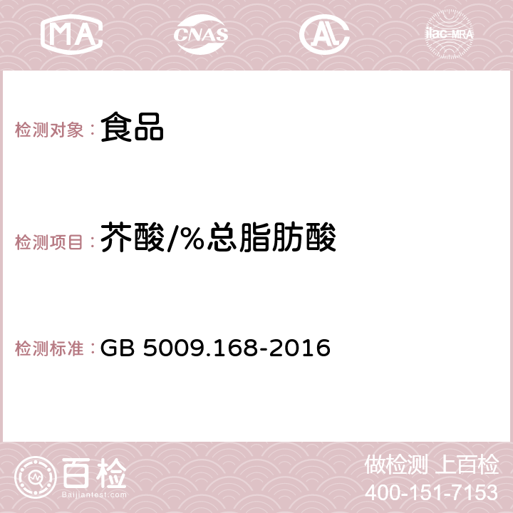 芥酸/%总脂肪酸 食品安全国家标准 食品中脂肪酸的测定 GB 5009.168-2016