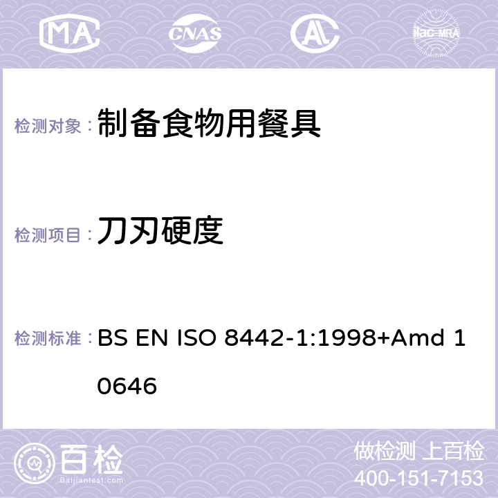刀刃硬度 ISO 8442-1:1998 接触食品的材料和物品－餐具和桌用餐盘－第一部分：制备食物用餐具的要求 BS EN +Amd 10646 条款6.4
