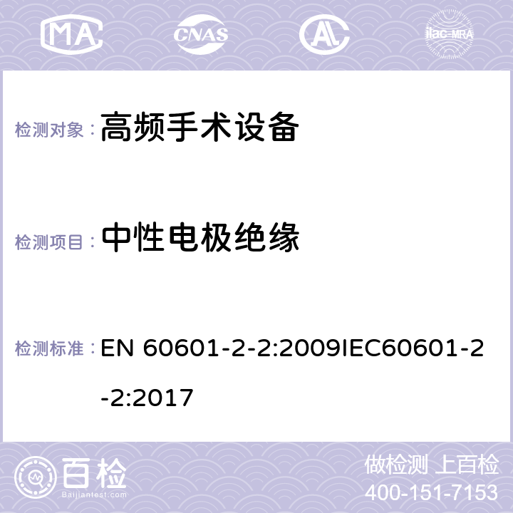 中性电极绝缘 EN 60601 医用电气设备 第2-2部分：高频手术设备安全专用要求 -2-2:2009IEC60601-2-2:2017 201.15.4.1.104