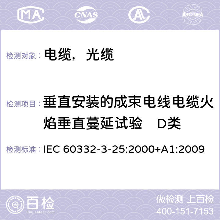 垂直安装的成束电线电缆火焰垂直蔓延试验　D类 电缆和光缆在火焰条件下的燃烧试验第36部分：垂直安装的成束电线电缆火焰垂直蔓延试验 D类 IEC 60332-3-25:2000+A1:2009