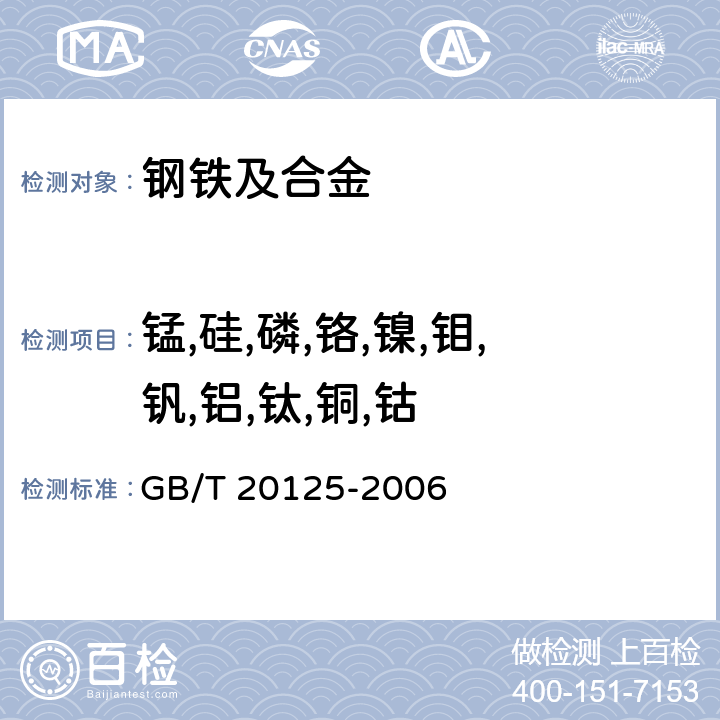 锰,硅,磷,铬,镍,钼,钒,铝,钛,铜,钴 低合金钢 多元素含量的测定 电感耦合等离子体原子发射光谱法 GB/T 20125-2006 7 8