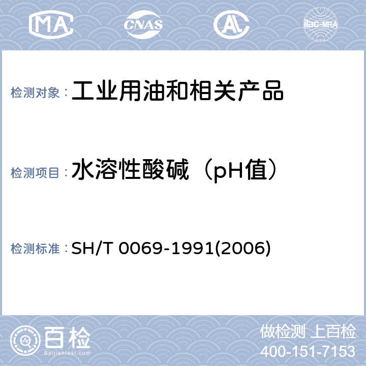 水溶性酸碱（pH值） 发动机防冻剂,防锈剂和冷却液pH值测定法 SH/T 0069-1991(2006)