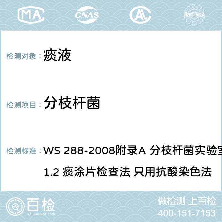 分枝杆菌 《肺结核诊断标准》 WS 288-2008附录A 分枝杆菌实验室检查.A.1.2 痰涂片检查法 只用抗酸染色法