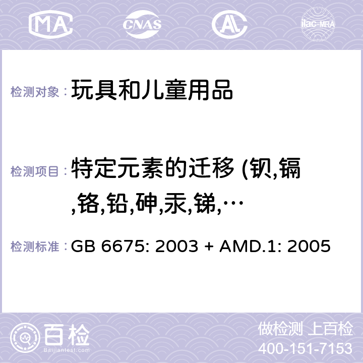 特定元素的迁移 (钡,镉,铬,铅,砷,汞,锑,硒) 国家玩具安全技术规范 GB 6675: 2003 + AMD.1: 2005 
 4.3条款及附录C
