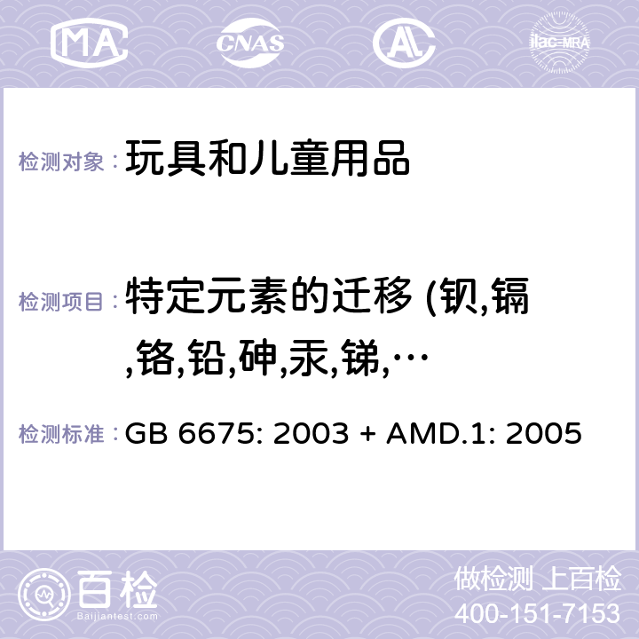 特定元素的迁移 (钡,镉,铬,铅,砷,汞,锑,硒) GB 6675-2003 国家玩具安全技术规范