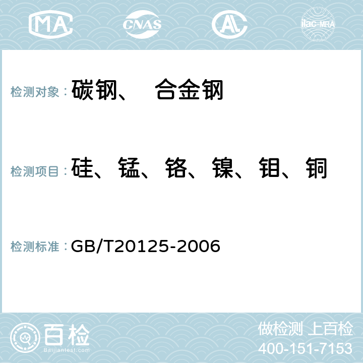 硅、锰、铬、镍、钼、铜 《低合金钢 多元素含量的测定 电感耦合等离子体原子发射光谱法》 GB/T20125-2006