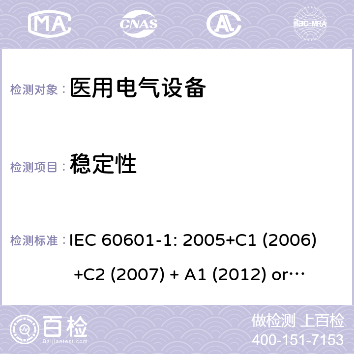 稳定性 医用电气设备 第1部分:基本安全和基本性能的一般要求 IEC 60601-1: 2005+C1 (2006) +C2 (2007) + A1 (2012) or IEC 60601-1: 2012 EN 60601-1:2006+A11:2011+A1:2013+A12:2014 9.4