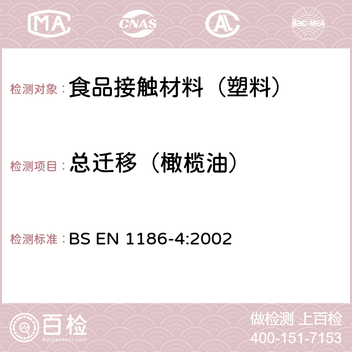 总迁移
（橄榄油） 接触食品的材料和制品 塑料 第4部分：全迁移到橄榄油中的电解槽试验方法 BS EN 1186-4:2002