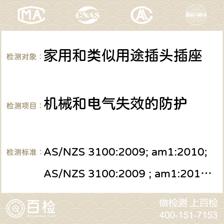 机械和电气失效的防护 认可和试验规范——电气产品通用要求 AS/NZS 3100:2009; am1:2010;AS/NZS 3100:2009 ; am1:2010; am2:2012; 
AS/NZS 3100:2009; Amdt 1:2010; Amdt 2:2012; Amdt 3:2014; AS/NZS 3100:2009; Amdt 1:2010; Amdt 2:2012; Amdt 3:2014; Amdt 4:2015 cl.4