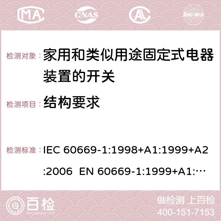 结构要求 家用和类似用途固定电气设备开关 第1部分：通用要求 IEC 60669-1:1998+A1:1999+A2:2006 EN 60669-1:1999+A1:2002+A2:2008 Cl.13