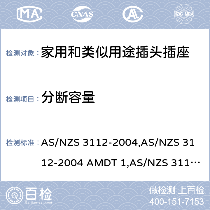 分断容量 认可和试验规范——插头和插座 AS/NZS 3112-2004,
AS/NZS 3112-2004 AMDT 1,
AS/NZS 3112:2011,
AS/NZS 3112-2011 AMDT 1,
AS/NZS 3112-2011 AMDT 2,
AS/NZS 3112:2011 Amdt 3:2016,
AS/NZS 3112:2017 3.14.4