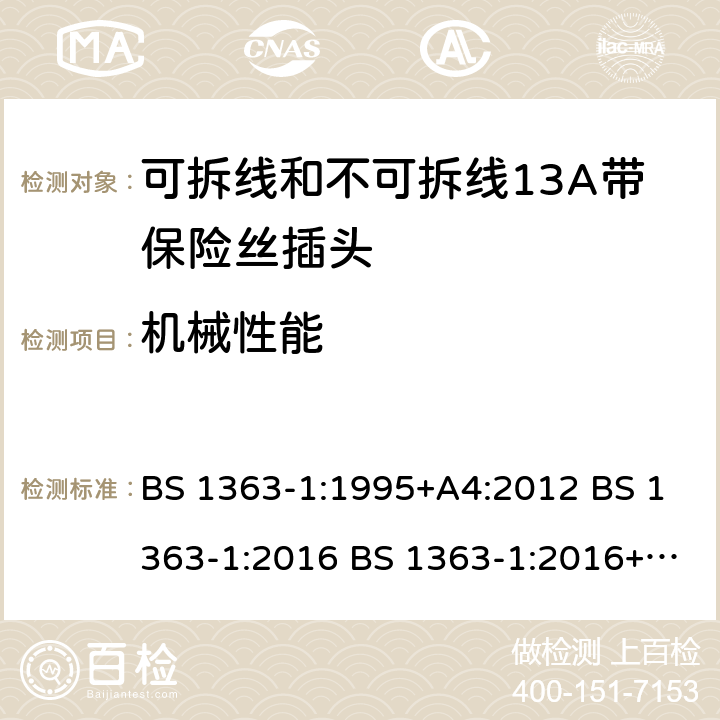 机械性能 可拆线和不可拆线13A带保险丝插头 BS 1363-1:1995+A4:2012 BS 1363-1:2016 BS 1363-1:2016+A1:2018 20