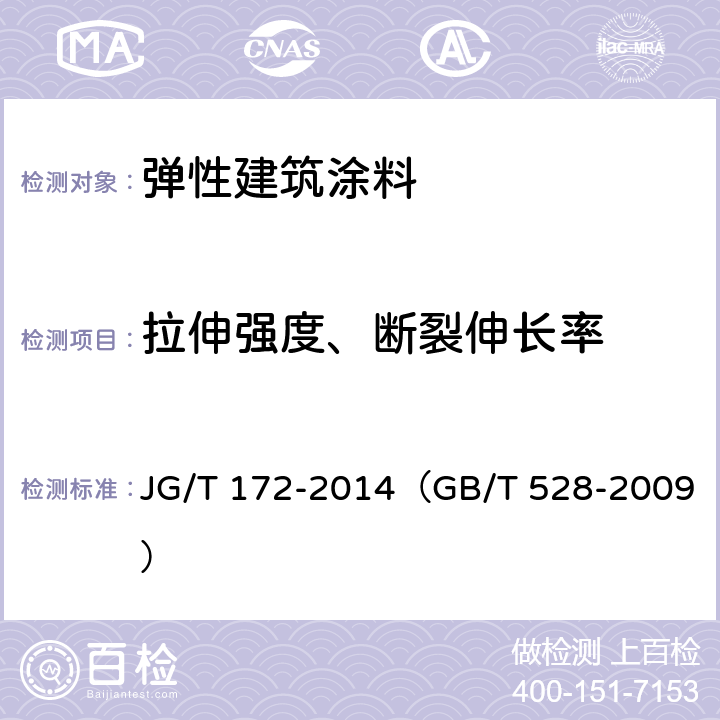 拉伸强度、断裂伸长率 《弹性建筑涂料》 JG/T 172-2014（GB/T 528-2009） 7.15