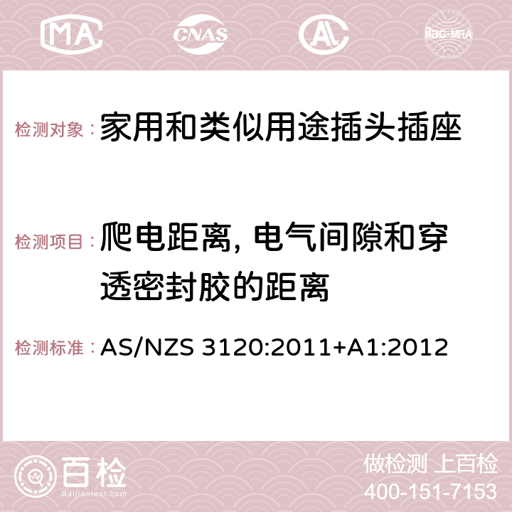 爬電距離, 電氣間隙和穿透密封膠的距離 延長線中的插座 AS/NZS 3120:2011+A1:2012 2, 3