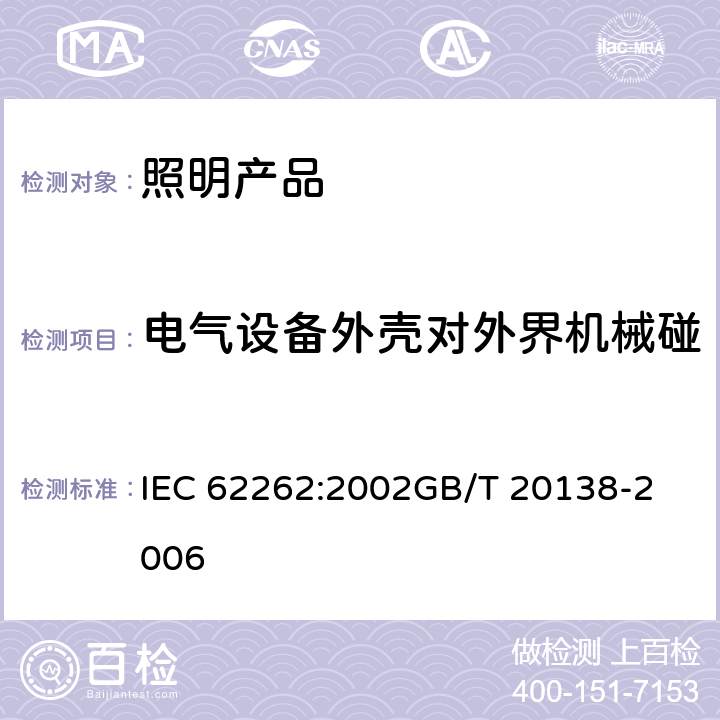 电气设备外壳对外界机械碰撞的防护等级(IK代码) 电气设备外壳对外界机械碰撞的防护等级(IK代码) IEC 62262:2002
GB/T 20138-2006