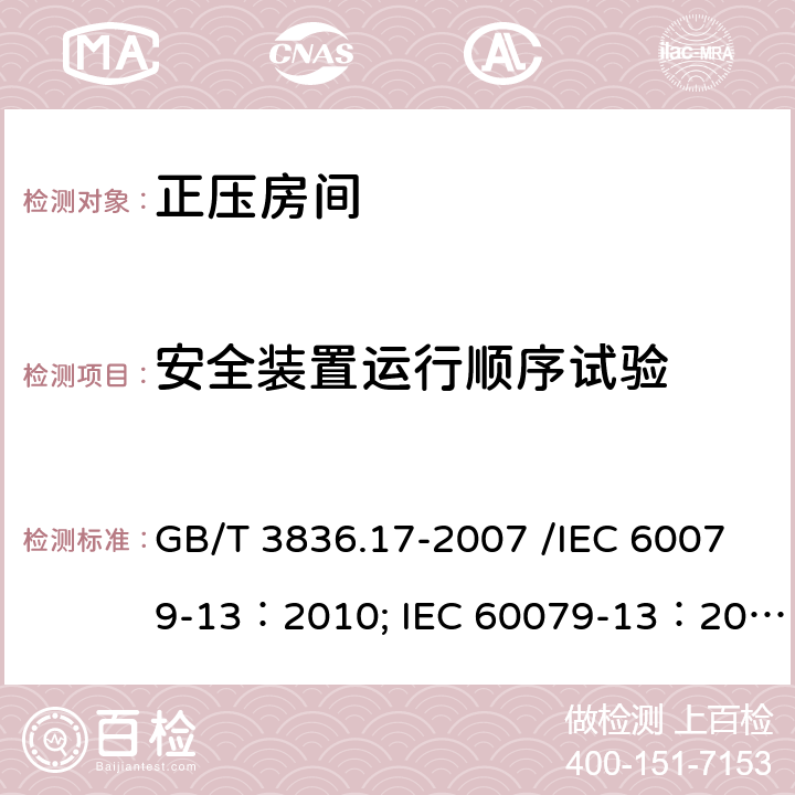 安全装置运行顺序试验 爆炸性气体环境用电气设备 第17部分：正压房间或建筑物的结构和使用/爆炸性环境 第13部分：由正压房间“p”保护的设备和人工通风“v”保护的设备 GB/T 3836.17-2007 /IEC 60079-13：2010; IEC 60079-13：2017 6.4.7、7.5.6