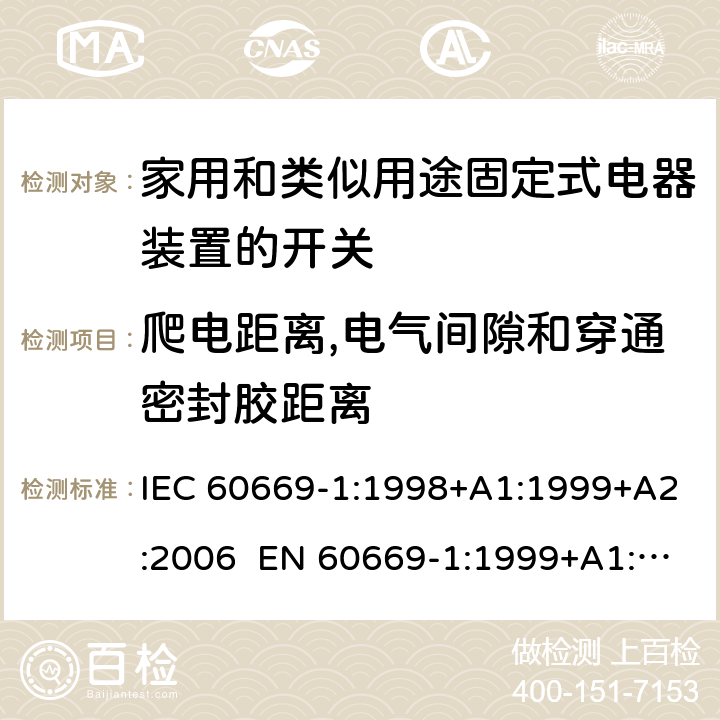 爬电距离,电气间隙和穿通密封胶距离 家用和类似用途固定电气设备开关 第1部分：通用要求 IEC 60669-1:1998+A1:1999+A2:2006 EN 60669-1:1999+A1:2002+A2:2008 Cl.23