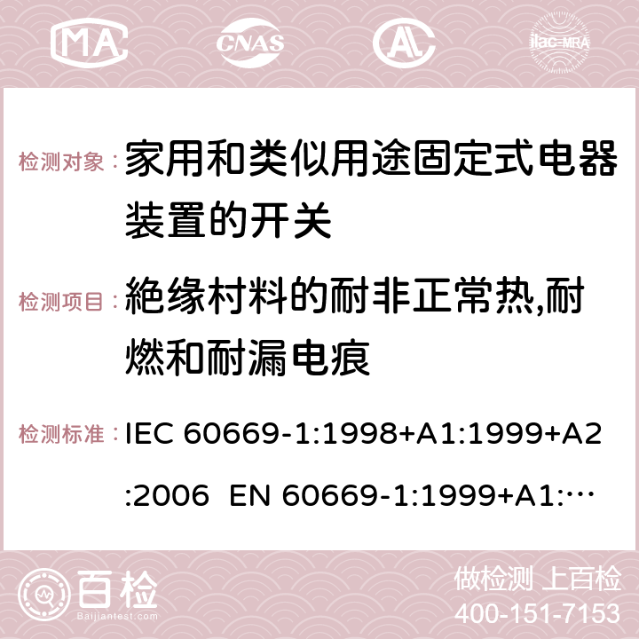 絶缘村料的耐非正常热,耐燃和耐漏电痕 家用和类似用途固定电气设备开关 第1部分：通用要求 IEC 60669-1:1998+A1:1999+A2:2006 EN 60669-1:1999+A1:2002+A2:2008 Cl.24