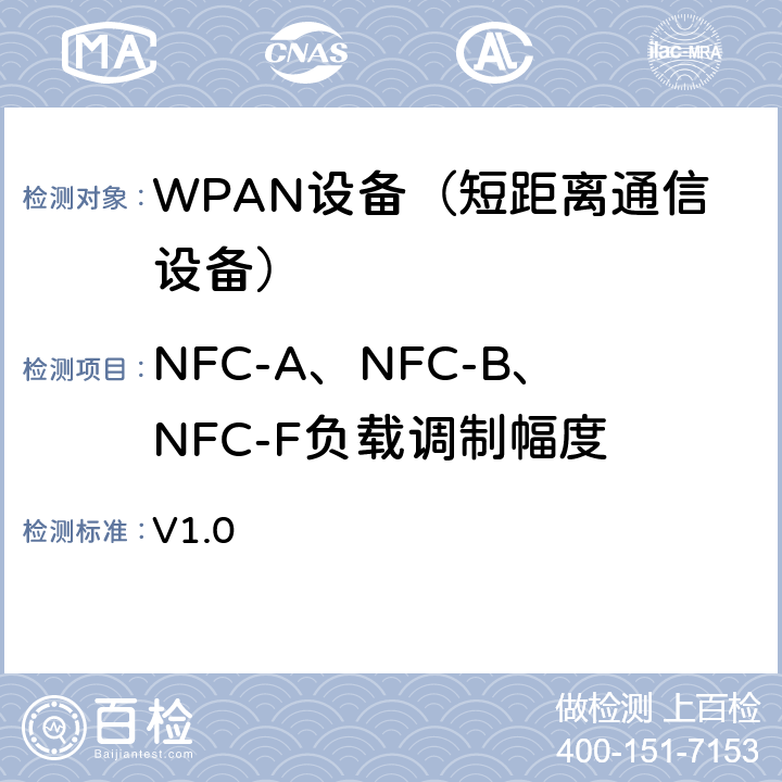 NFC-A、NFC-B、NFC-F负载调制幅度 NFC模拟技术规范 v1.0(2012) V1.0 6.1监听设备的负载调制要求
