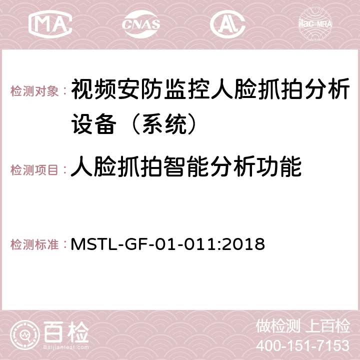 人脸抓拍智能分析功能 上海市第一批智能安全技术防范系统产品检测技术要求（试行） MSTL-GF-01-011:2018 附件10智能系统（人脸抓拍智能分析设备（系统））.1-9