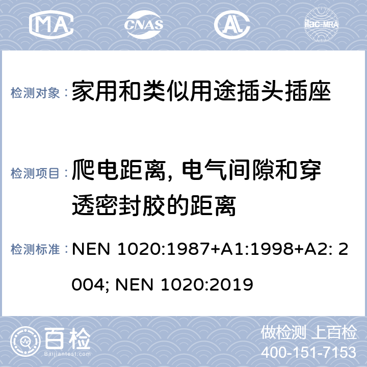 爬電距離, 電氣間隙和穿透密封膠的距離 家用和類似用途插頭插座 NEN 1020:1987+A1:1998+A2: 2004; NEN 1020:2019 27