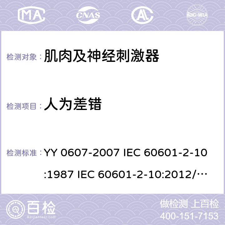 人为差错 医用电气设备 第2 部分：神经和肌肉刺激器安全专用要求 YY 0607-2007 IEC 60601-2-10:1987 IEC 60601-2-10:2012/AMD1:2016 46