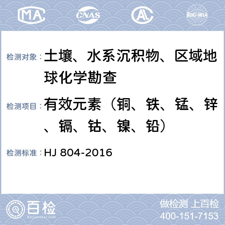 有效元素（铜、铁、锰、锌、镉、钴、镍、铅） 土壤 8种有效态元素的测定 二乙烯三胺五乙酸浸提-电感耦合等离子体发射光谱法 HJ 804-2016