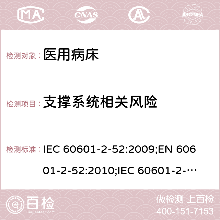 支撑系统相关风险 医用电气设备 第2-52部分：医用床基本安全和基本性能专用要求 IEC 60601-2-52:2009;
EN 60601-2-52:2010;
IEC 60601-2-52:2009 + A1: 2015;
EN 60601-2-52:2010/A1: 2015 201.9.8