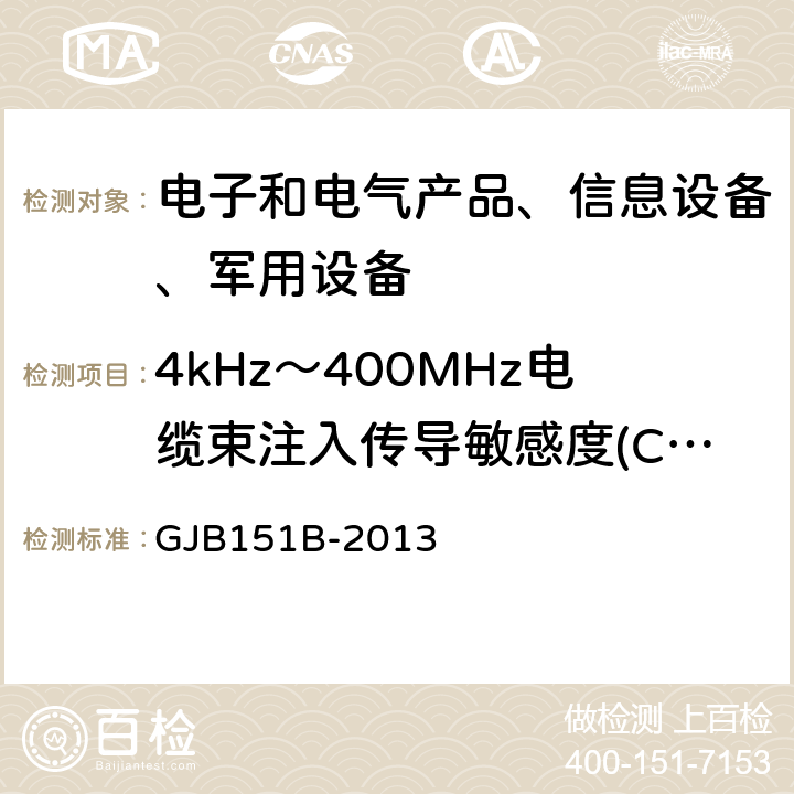 4kHz～400MHz电缆束注入传导敏感度(CS114) 军用设备和分系统电磁发射和敏感度要求与测量 GJB151B-2013 5.16