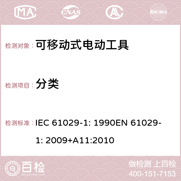 分类 可移式电动工具安全-第1部分：通用要求 IEC 61029-1: 1990
EN 61029-1: 2009+A11:2010 6