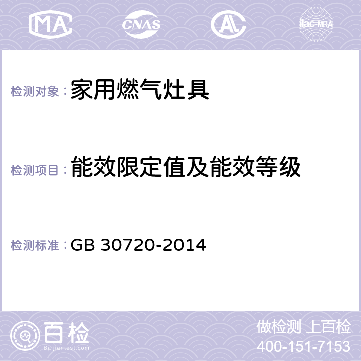 能效限定值及能效等级 家用燃气灶具能效限定值及能效等级 GB 30720-2014 4.2表1、4.3、4.4