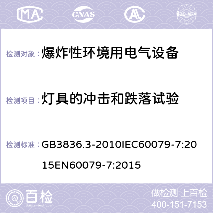 灯具的冲击和跌落试验 爆炸性环境 第七部分：由增安型＂e＂保护的设备 GB3836.3-2010
IEC60079-7:2015
EN60079-7:2015 cl.6.3.2