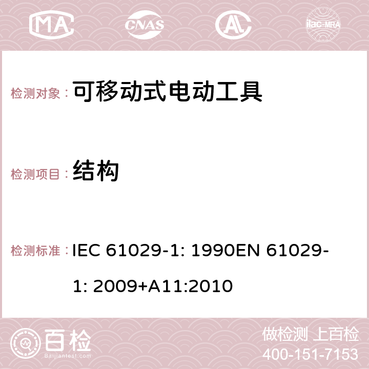 结构 可移式电动工具安全-第1部分：通用要求 IEC 61029-1: 1990
EN 61029-1: 2009+A11:2010 20