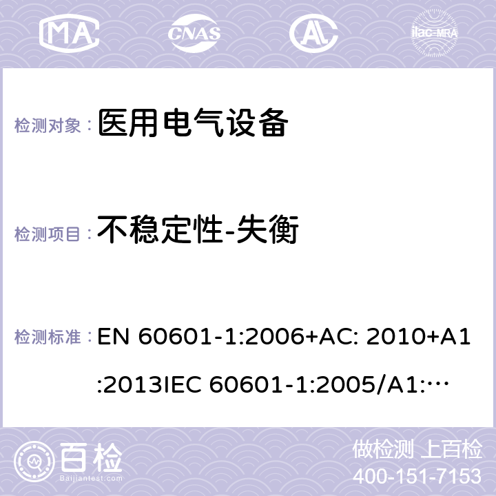 不稳定性-失衡 医用电气设备第1部分: 基本安全和基本性能的通用要求 EN 60601-1:2006+AC: 2010+A1:2013
IEC 60601-1:2005/A1:2012 
IEC 60601‑1: 2005 + CORR. 1 (2006) + CORR. 2 (2007) 
EN 60601-1:2006 9.4.2