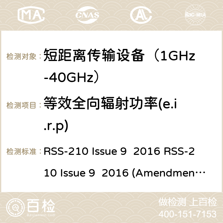 等效全向辐射功率(e.i.r.p) RSS-210 ISSUE 一类许可无线设备设备频谱要求 RSS-210 Issue 9 2016 RSS-210 Issue 9 2016 (Amendment November 2017) 附录 F