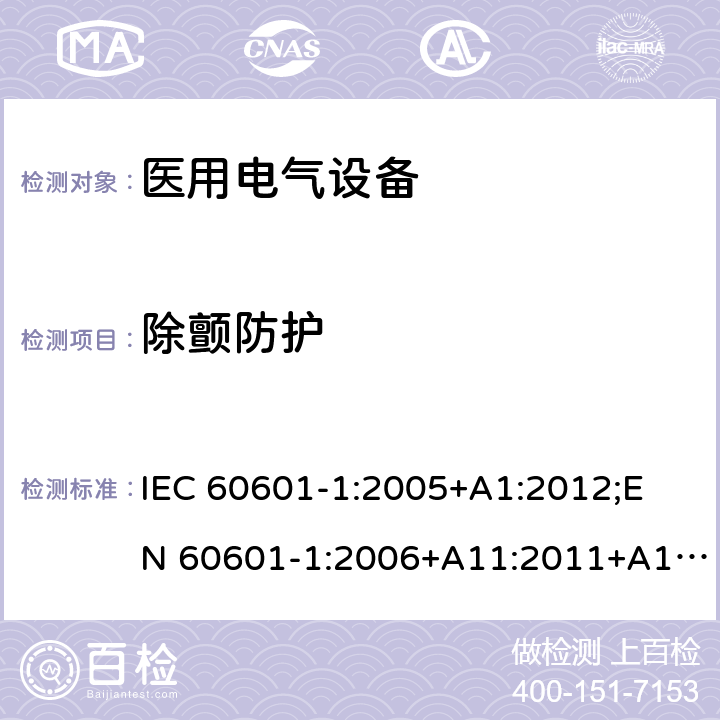 除颤防护 医用电气设备 （基本安全和基本性能的通用要求） IEC 60601-1:2005+A1:2012;
EN 60601-1:2006+A11:2011+A1: 2013+A12:2014;
AS/NZS IEC 60601.1: 2015 8.5.5.1a