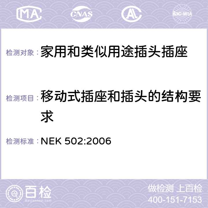 移动式插座和插头的结构要求 家用和类似用途插头插座 对用在挪威的插头插座与NEK IEC 60884-1补充和差异要求 NEK 502:2006 14