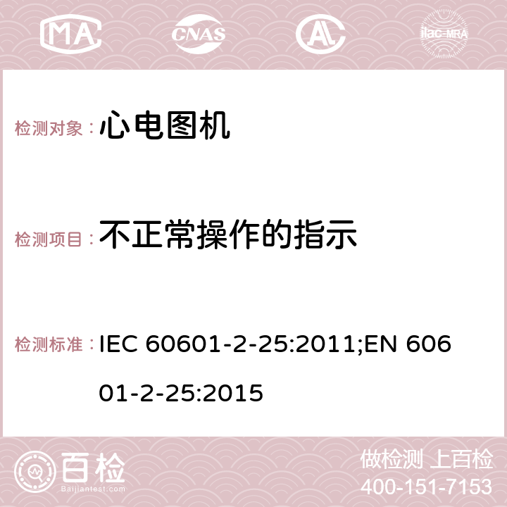 不正常操作的指示 医用电气设备 第2-25部分：心电图机安全专用要求 IEC 60601-2-25:2011;
EN 60601-2-25:2015 201.12.4.101