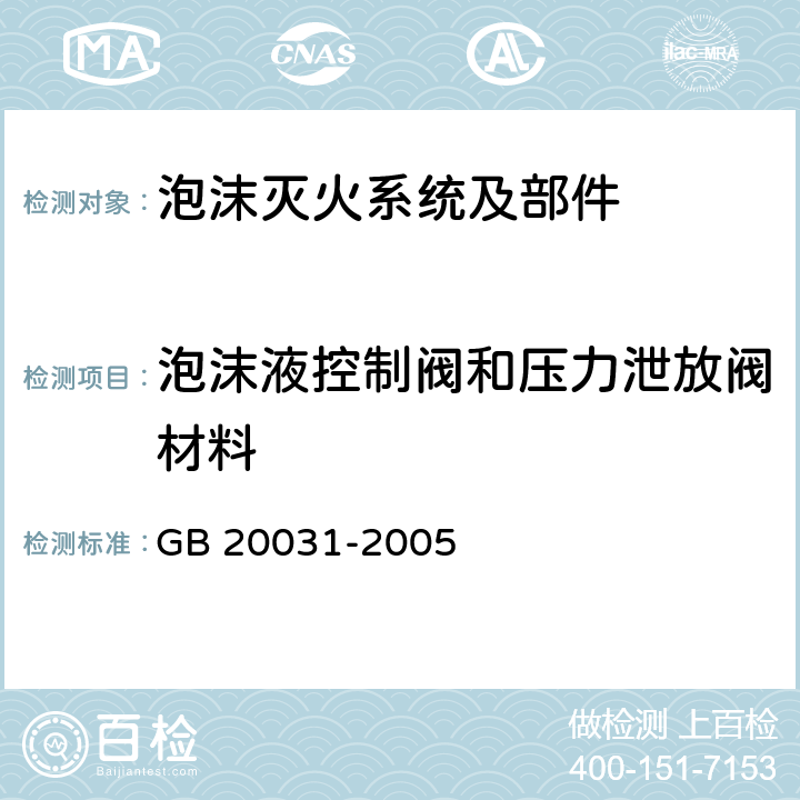 泡沫液控制阀和压力泄放阀材料 《泡沫灭火系统及部件通用技术条件》 GB 20031-2005 5.6.3.5.a.1