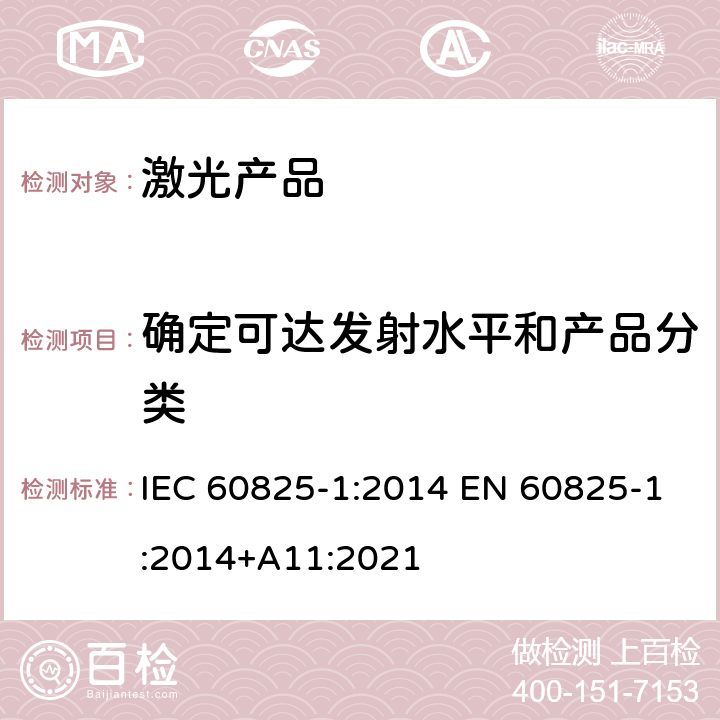 确定可达发射水平和产品分类 激光产品的安全 第1部分：设备分类、要求和用户指南 IEC 60825-1:2014 EN 60825-1:2014+A11:2021 5