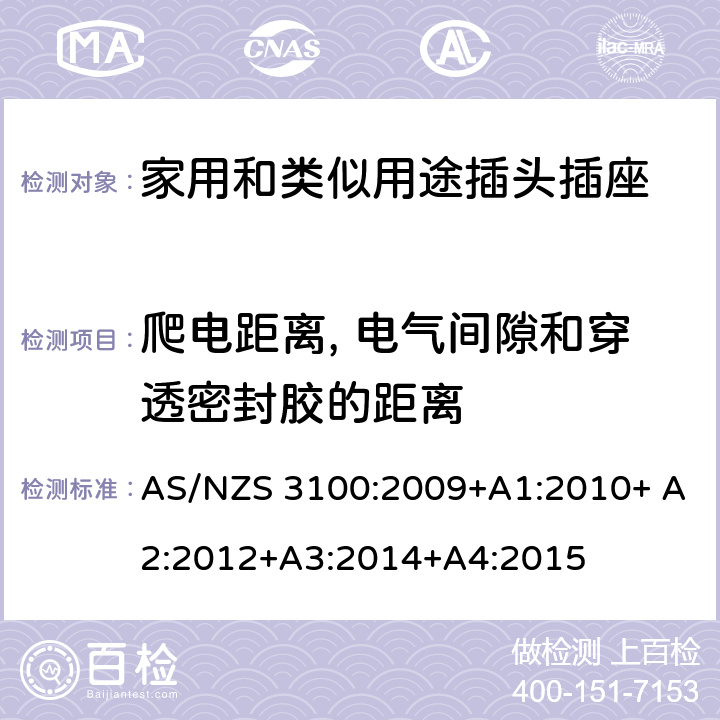 爬电距离, 电气间隙和穿透密封胶的距离 AS/NZS 3100:2 电器设备的一般要求 009+A1:2010+ A2:2012+A3:2014+A4:2015 3~10