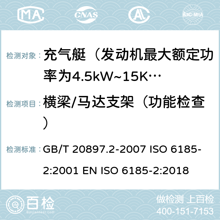 横梁/马达支架（功能检查） 充气船 第2部分：最大电机额定功率为4.5 kW 至 15 kW的船舶 GB/T 20897.2-2007 ISO 6185-2:2001 EN ISO 6185-2:2018 5.6