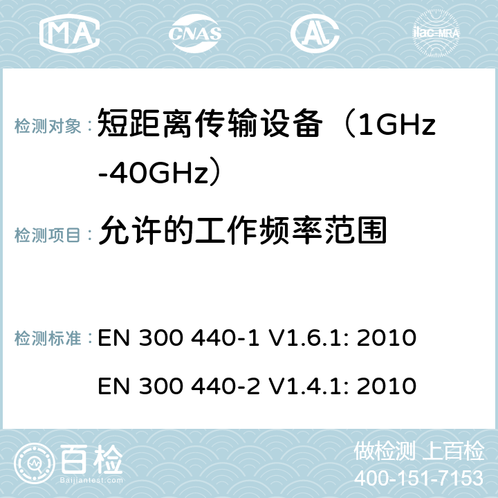 允许的工作频率范围 短距离无线传输设备（1 GHz到40GHz频率范围）电磁兼容性和无线电频谱特性第1部分：技术特性及测试方法；第2部分:无线电频谱特性R&TTE 3.2条指令的基本要求 EN 300 440-1 V1.6.1: 2010
 EN 300 440-2 V1.4.1: 2010 条款 7.2