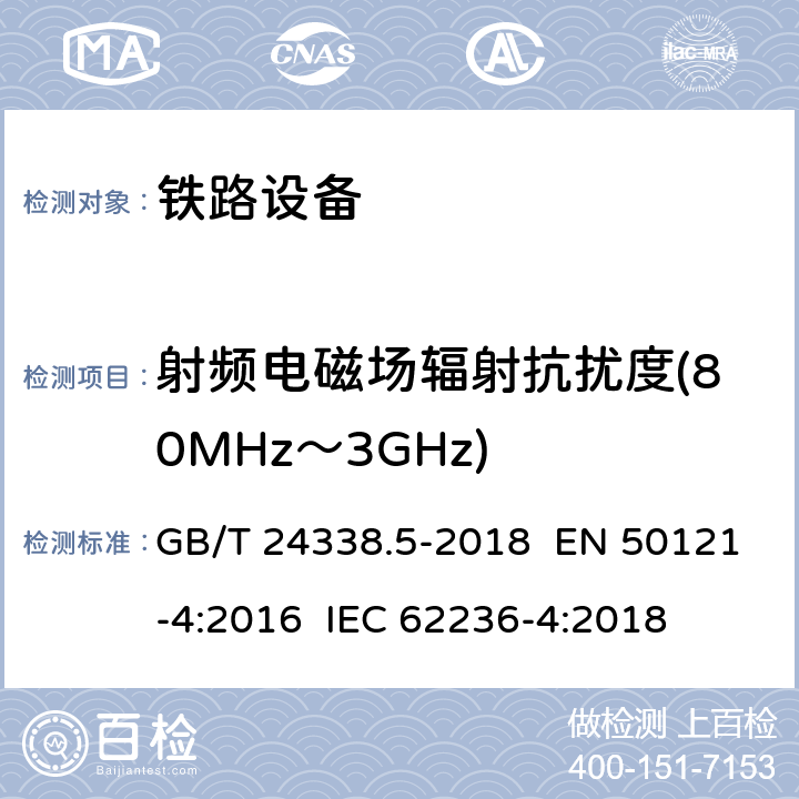 射频电磁场辐射抗扰度(80MHz～3GHz) 铁路设备－电磁兼容性－第4部分：信号与通信设备的发射及抗扰度 GB/T 24338.5-2018 EN 50121-4:2016 IEC 62236-4:2018 章节6