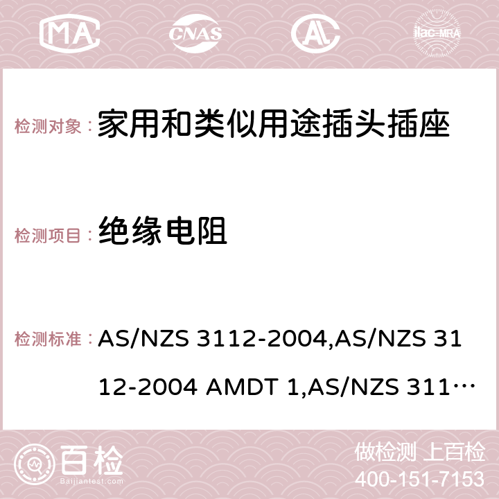 绝缘电阻 认可和试验规范——插头和插座 AS/NZS 3112-2004,
AS/NZS 3112-2004 AMDT 1,
AS/NZS 3112:2011,
AS/NZS 3112-2011 AMDT 1,
AS/NZS 3112-2011 AMDT 2,
AS/NZS 3112:2011 Amdt 3:2016,
AS/NZS 3112:2017 2.13.2