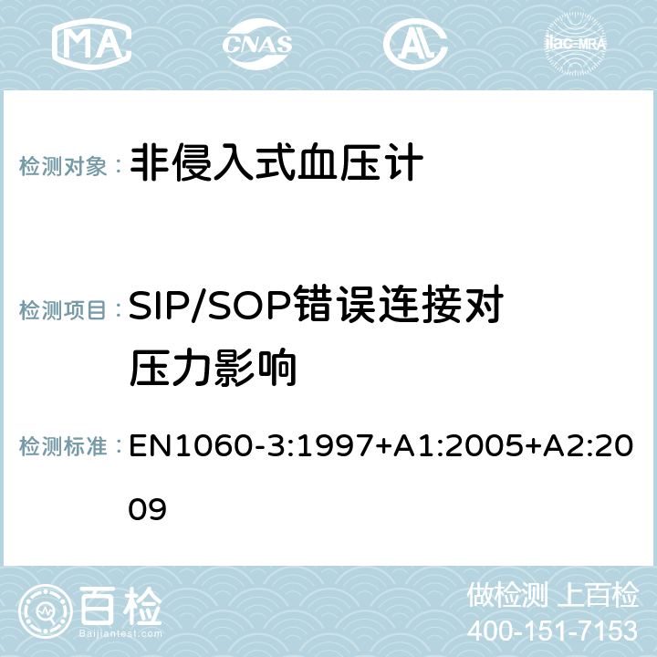 SIP/SOP错误连接对压力影响 EN 1060-3:1997 非侵入式血压计第3部分：电子机械血压测量系统补充要求 EN1060-3:1997+A1:2005+A2:2009 8.11