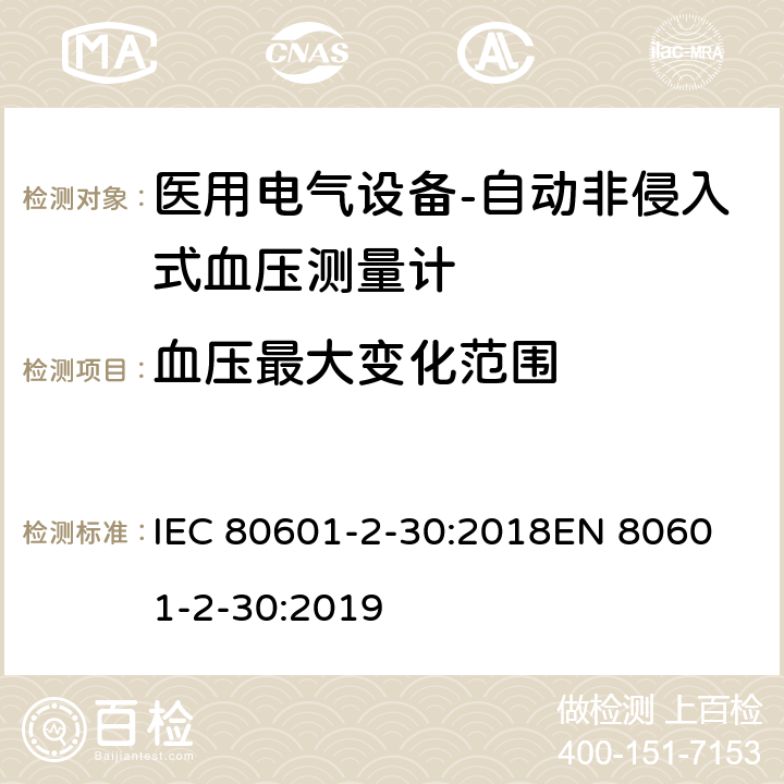 血压最大变化范围 IEC 80601-2-30 医用电气设备-第2-30部分: 自动非入侵式血压测量计的基本安全和基本性能用特殊要求 :2018
EN 80601-2-30:2019 201.12.1.107