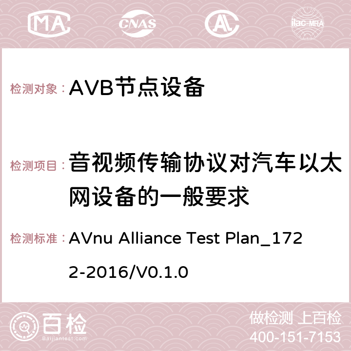 音视频传输协议对汽车以太网设备的一般要求 媒体格式和流量预留等级的节点测试方法 AVnu Alliance Test Plan_1722-2016/V0.1.0 SECTION Auto.AVTP.c.5